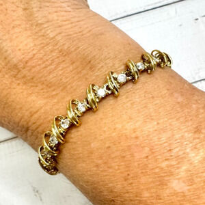 Gold Tone Tennis Bracelet Clear CZ Rhinestones Double Bar Wrap 7” Safety Clasp
